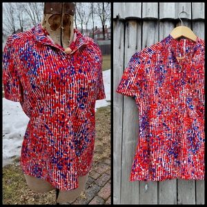 Vintage 70s groovy red & blue print zip back collar polo bowling shirt Womens S